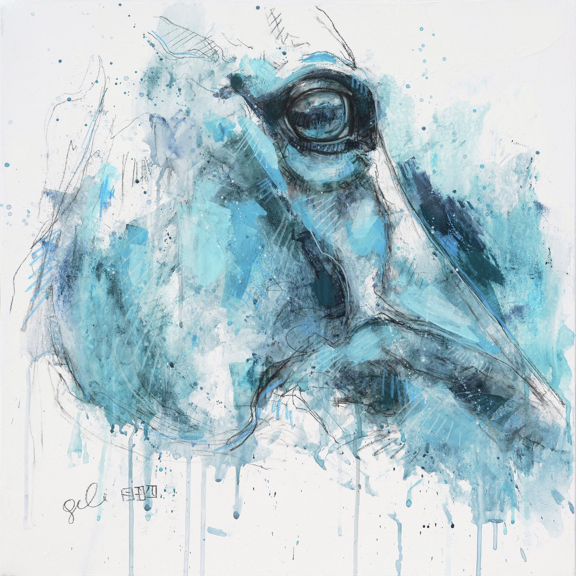 It is a painting of a horse 's head with a blue eye.