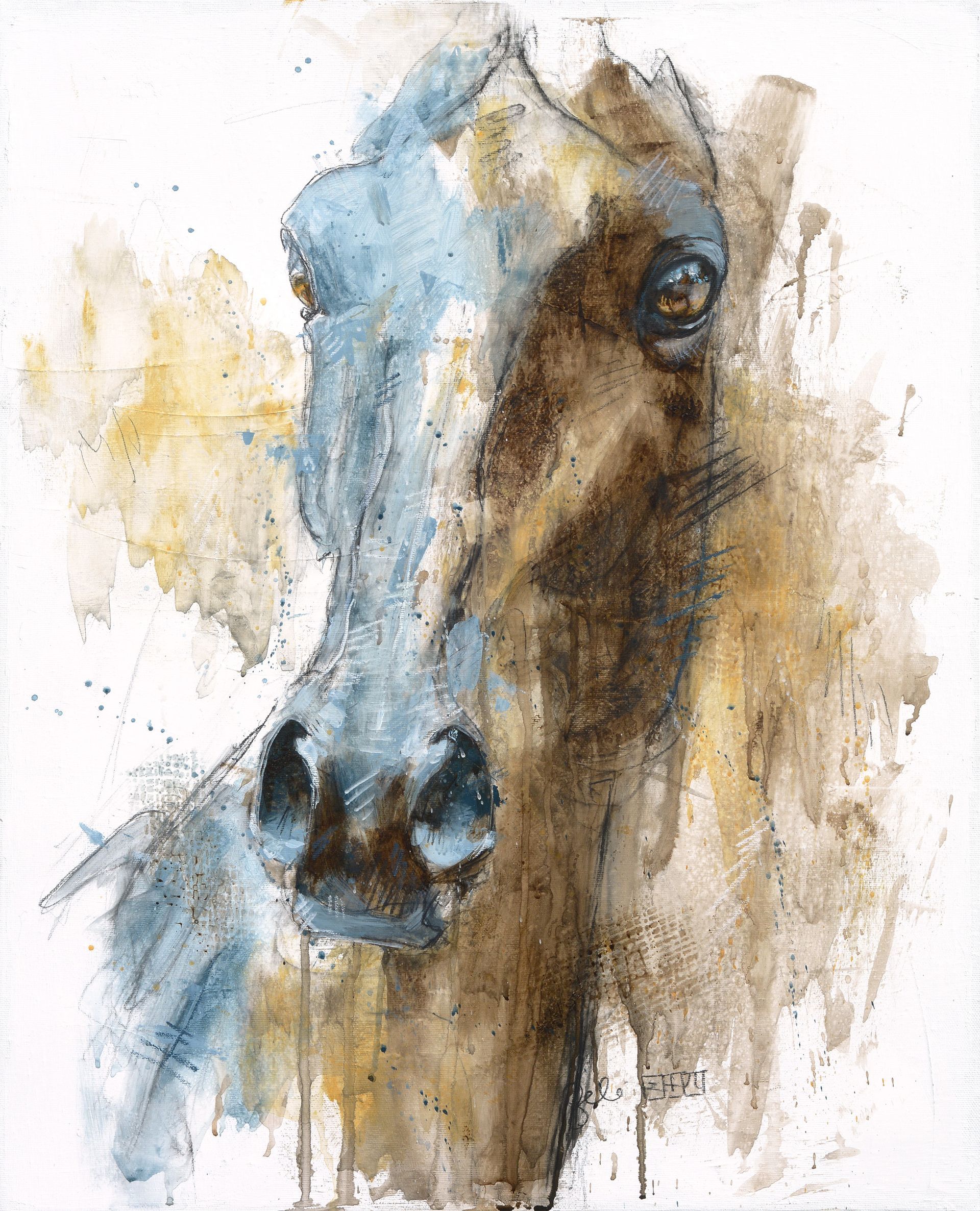 A painting of a horse 's head on a white background.