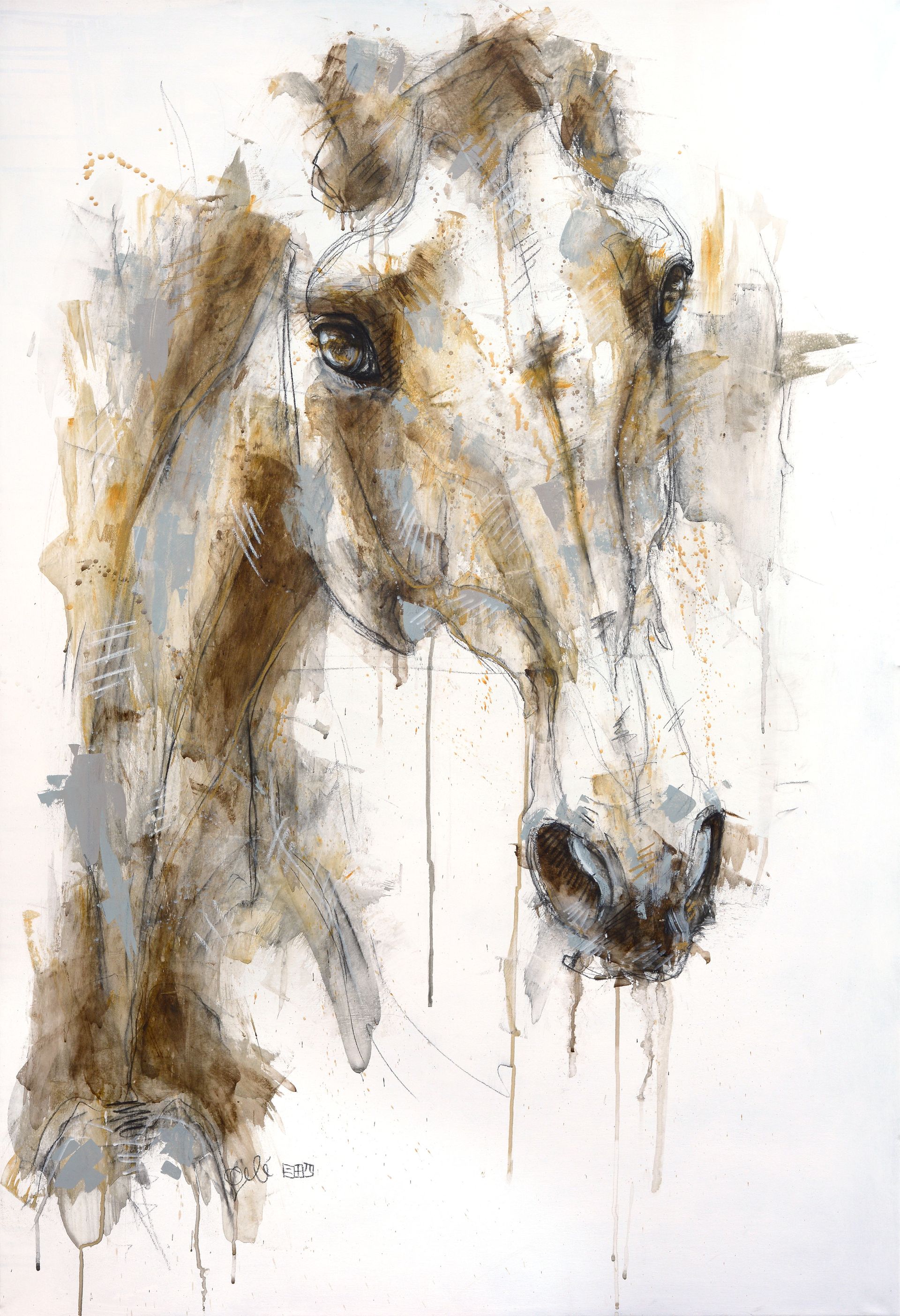 A painting of a horse 's head on a white background.