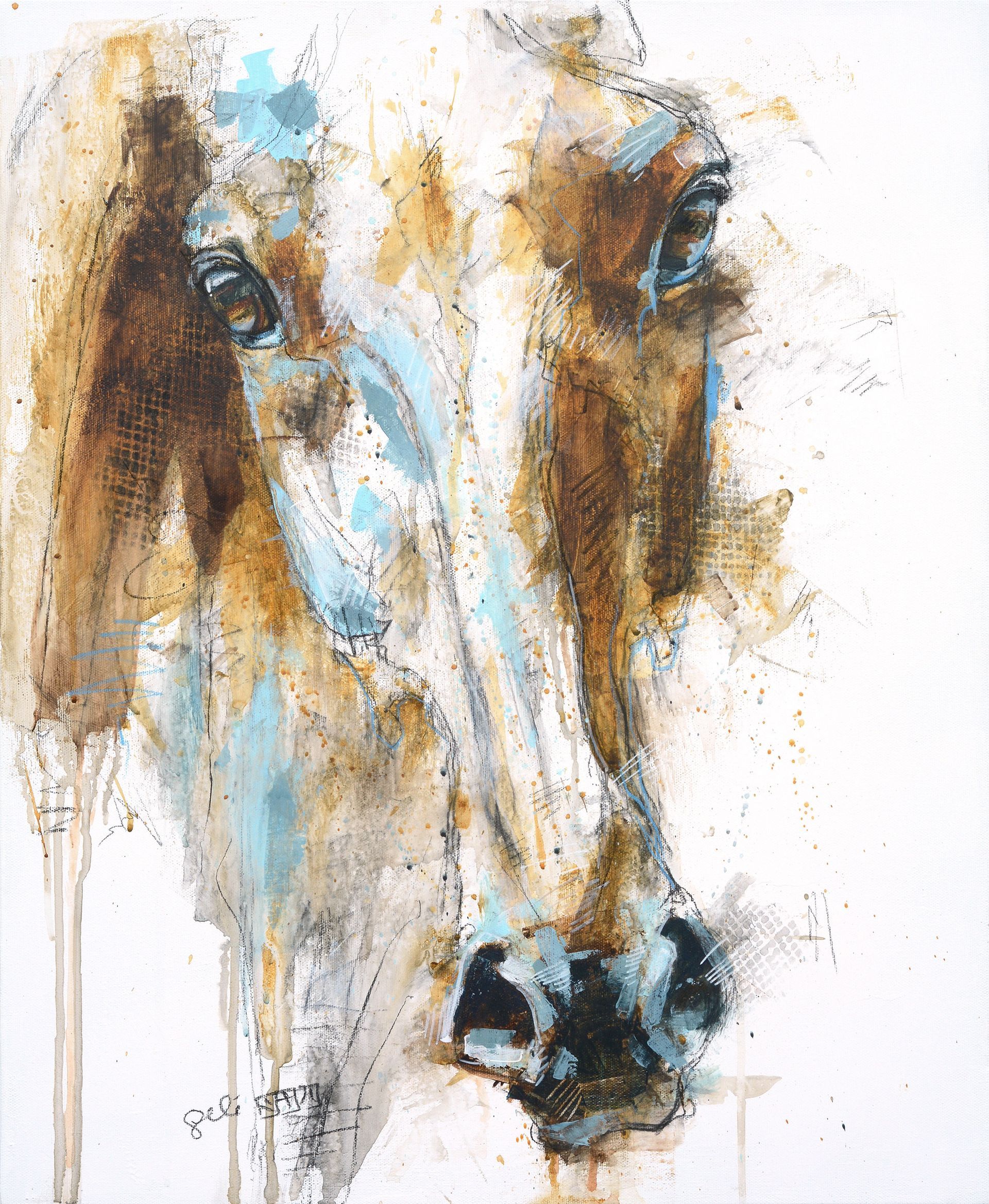 A close up of a painting of a horse 's face on a white background.