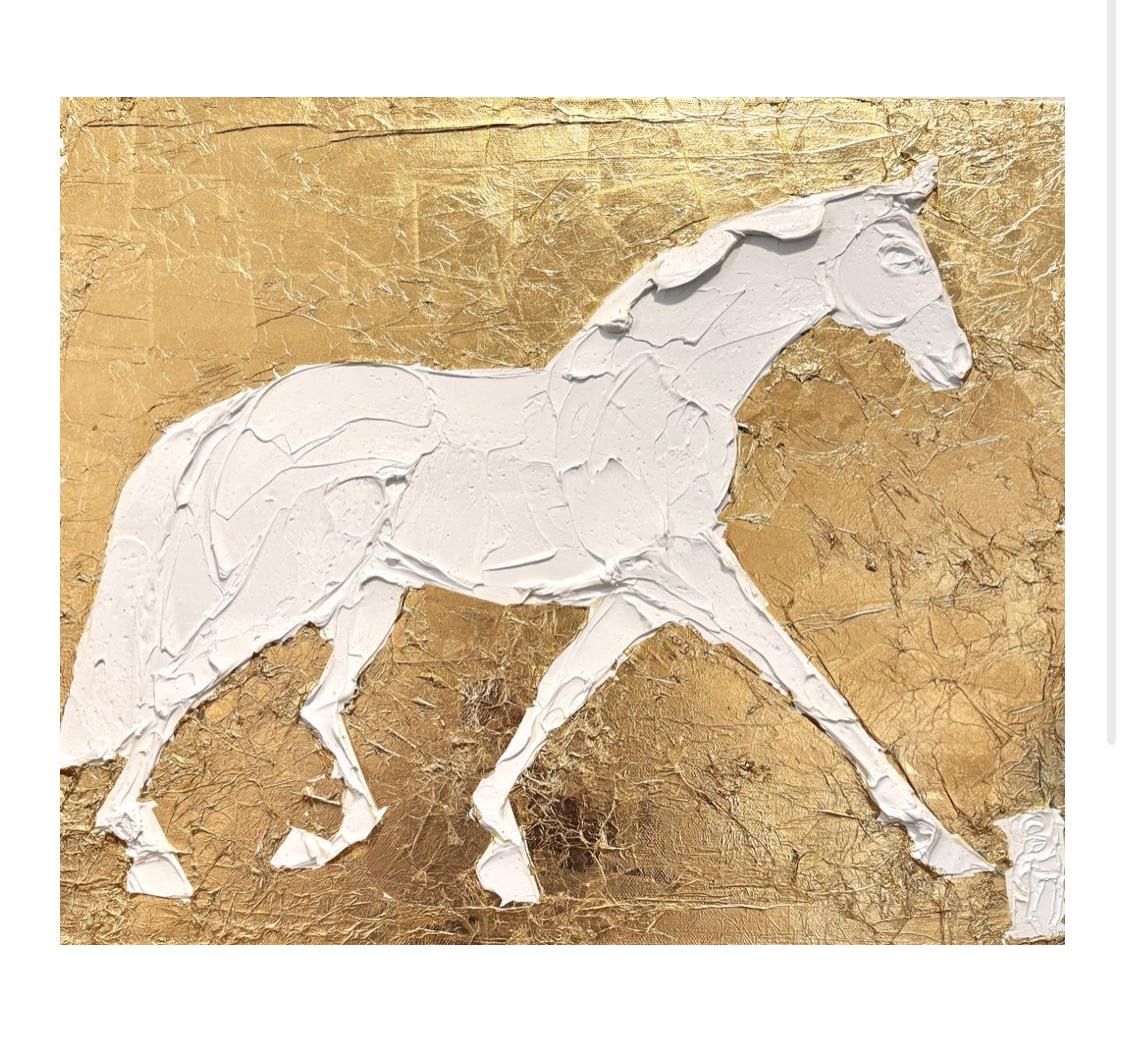 White textured horse silhouette on a gold textured background, in a gold frame.