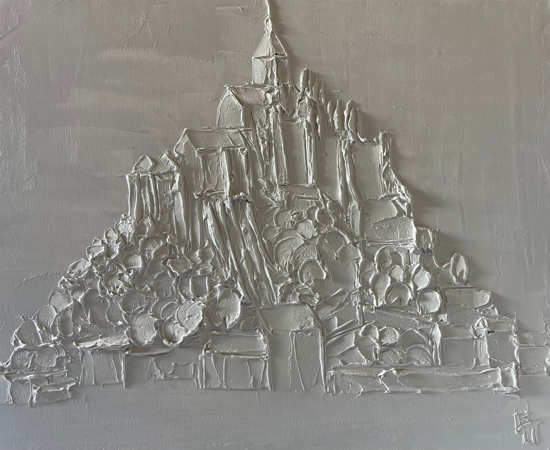 Textured, white-on-white painting of Mont Saint-Michel in France. Buildings and castle detail with visible brush strokes.
