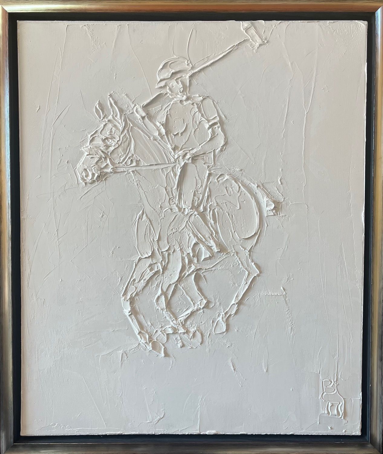 Textured white painting of a polo player on horseback, swinging a mallet.