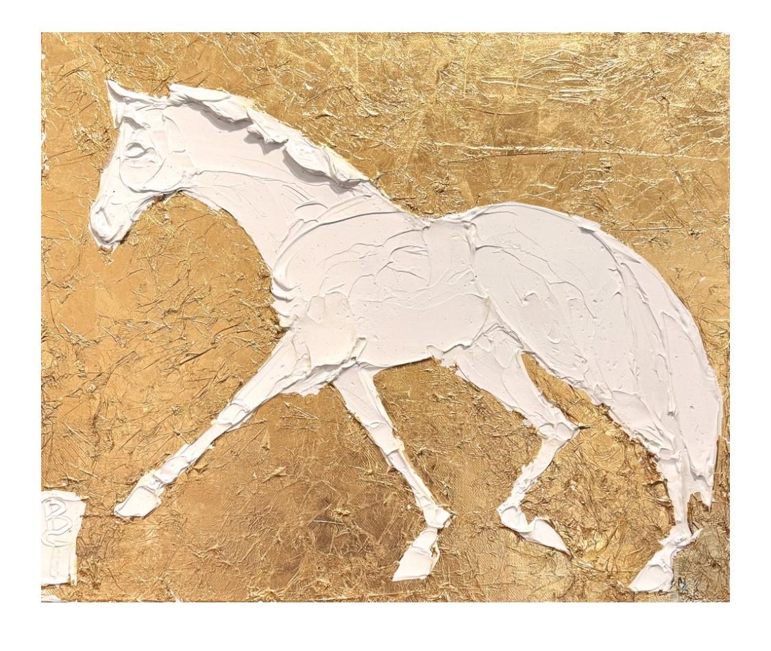White textured horse on a gold textured background, framed.