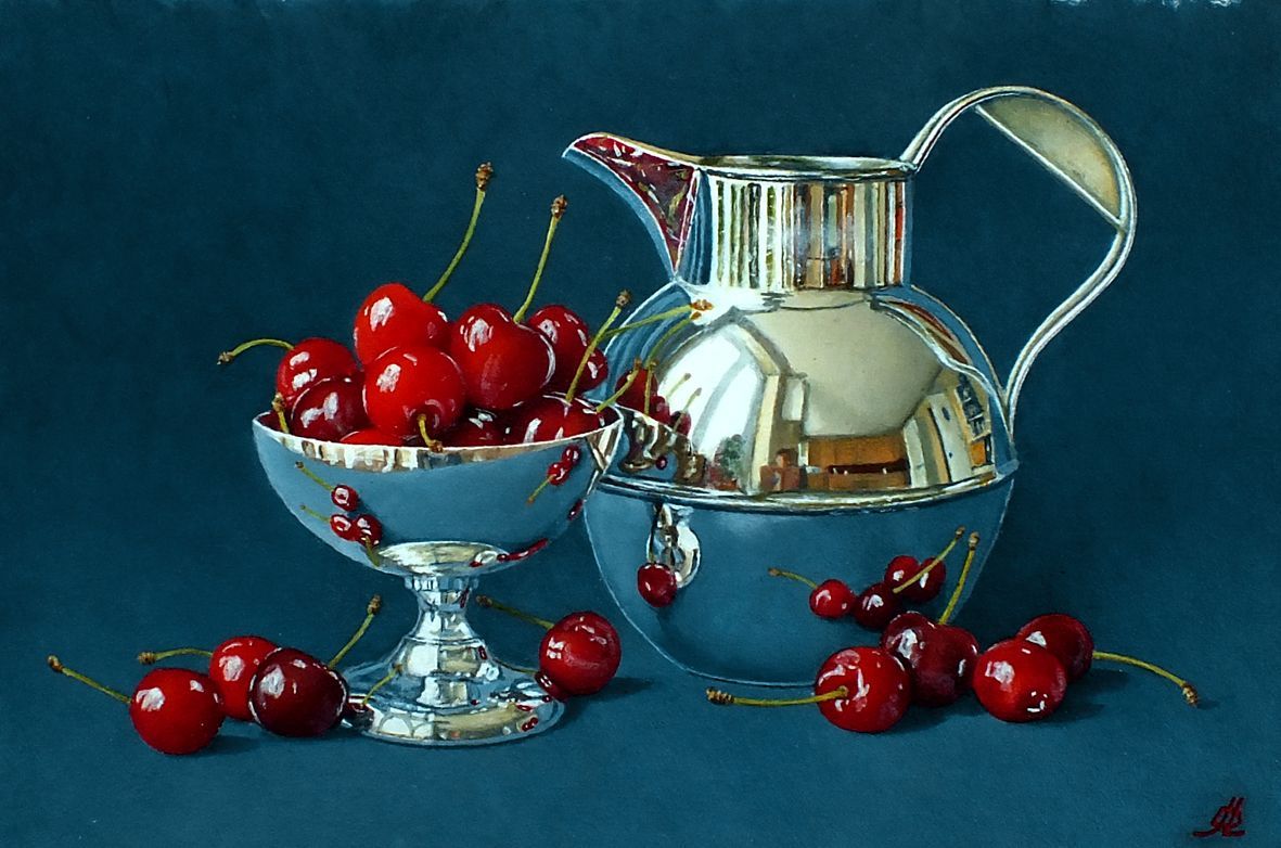 A painting of a pitcher and a bowl of cherries on a blue background