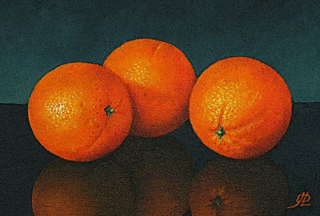 A painting of three oranges on a black surface