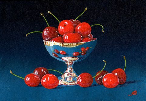 a painting of cherries in a silver bowl on a blue background .