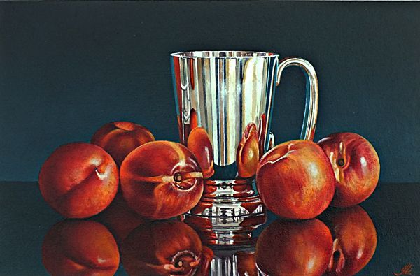 a painting of nectarines and a silver cup on a table .