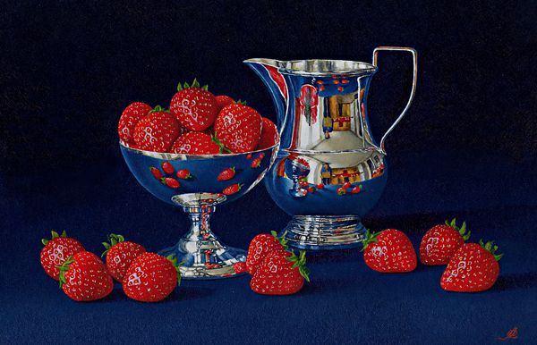 a painting of strawberries in a bowl and a pitcher on a table .