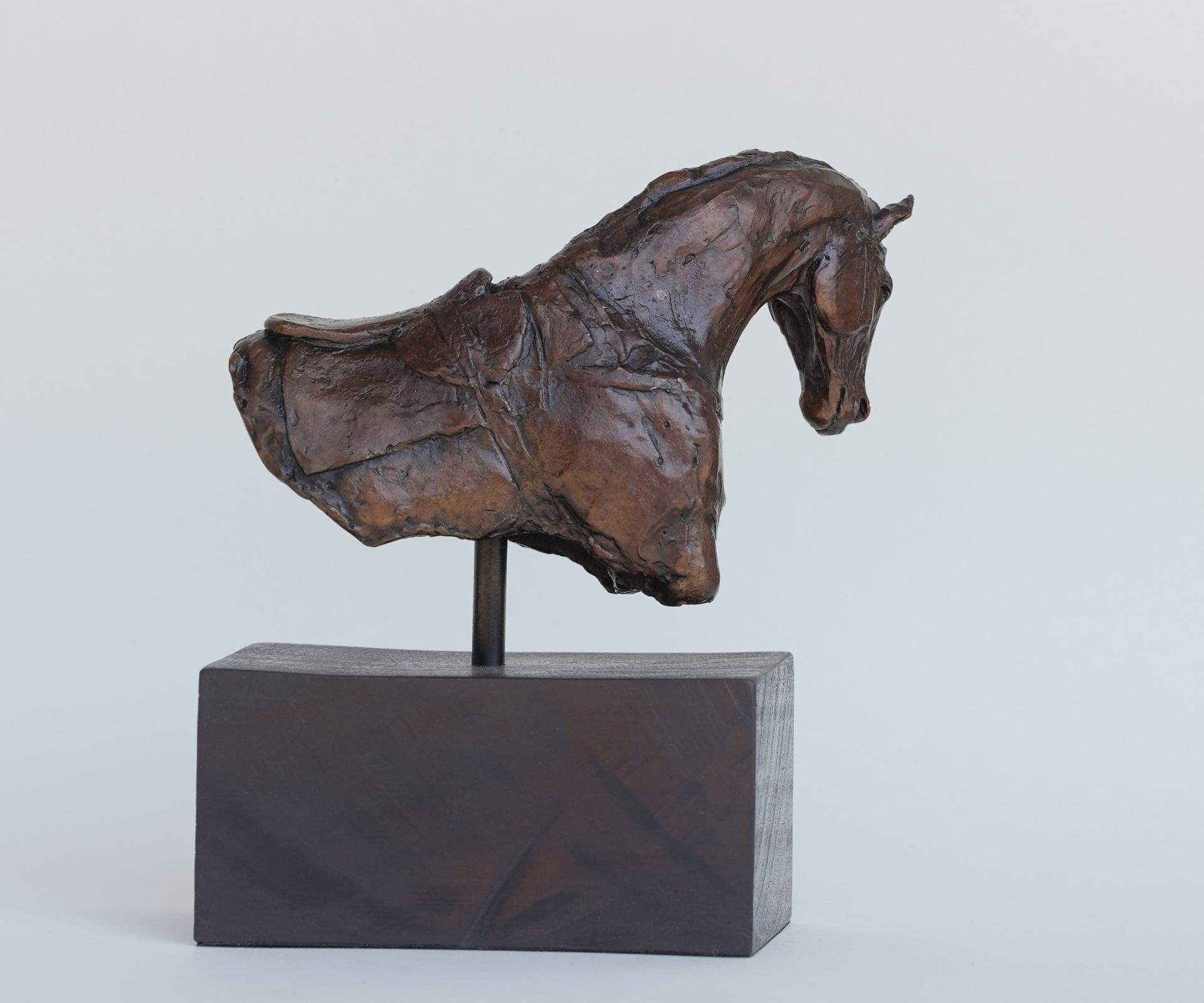 Bronze horse bust sculpture on a wooden base.