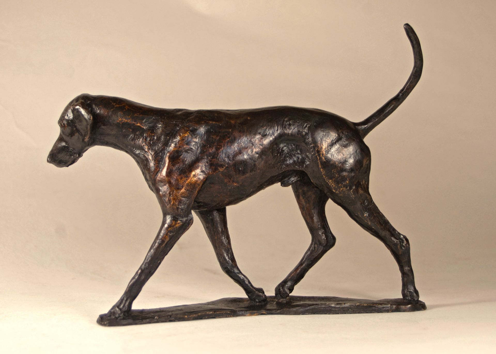 a bronze statue of a dog with a long tail
