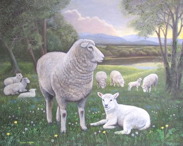 a painting of sheep and lambs in a field