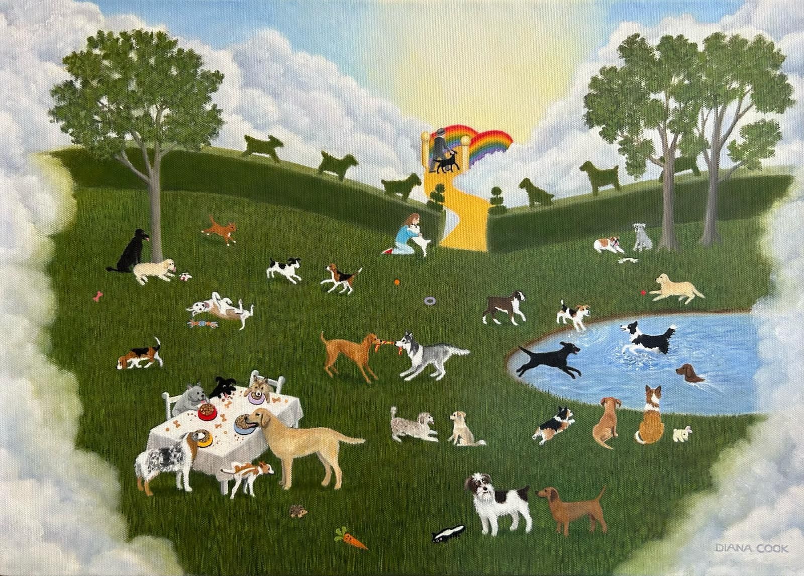 A painting of a group of dogs playing in a park.