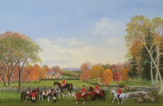 a painting of a group of people riding horses and hounds in a field .