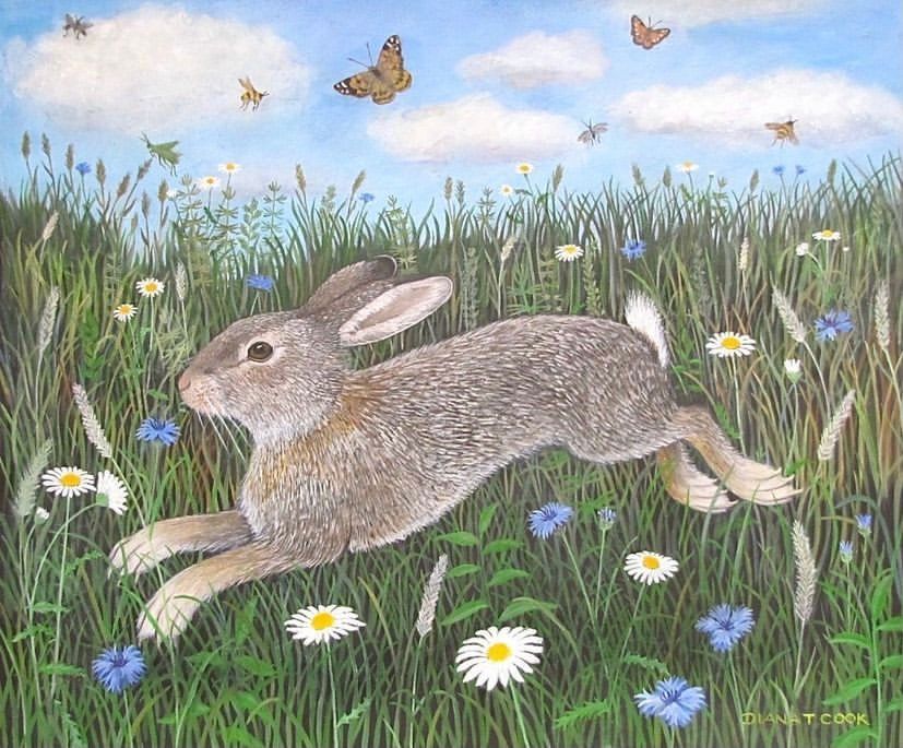 a painting of a rabbit running through a field of flowers