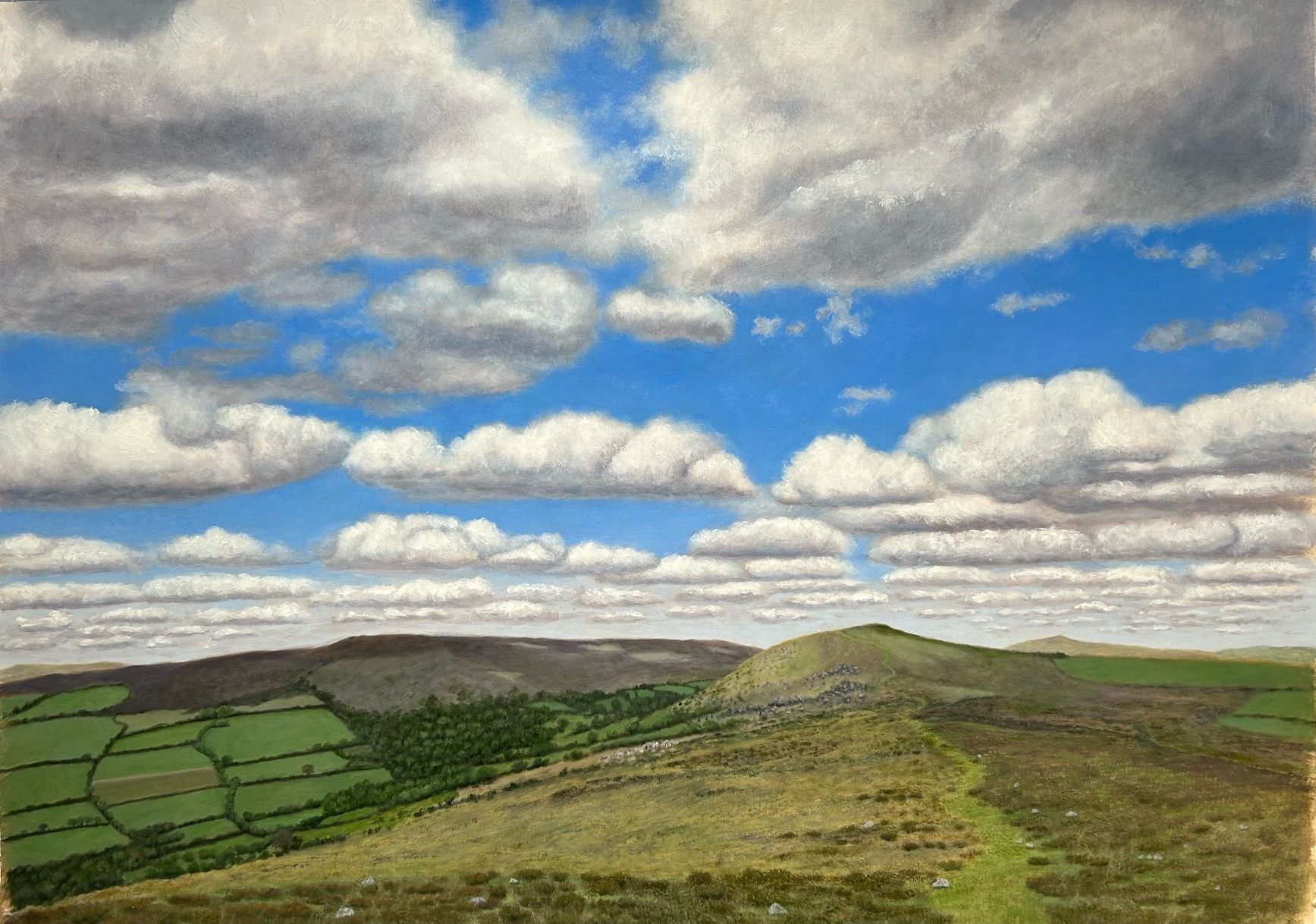 A painting of a landscape with a blue sky and white clouds.