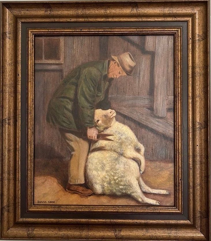 a framed painting of a man shearing a sheep