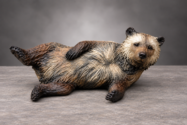 bear-like animal posed lying down on a gray surface against a dark background