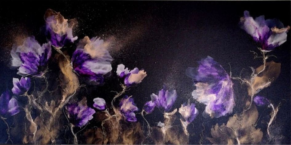 Purple and gold flowers on a black background.