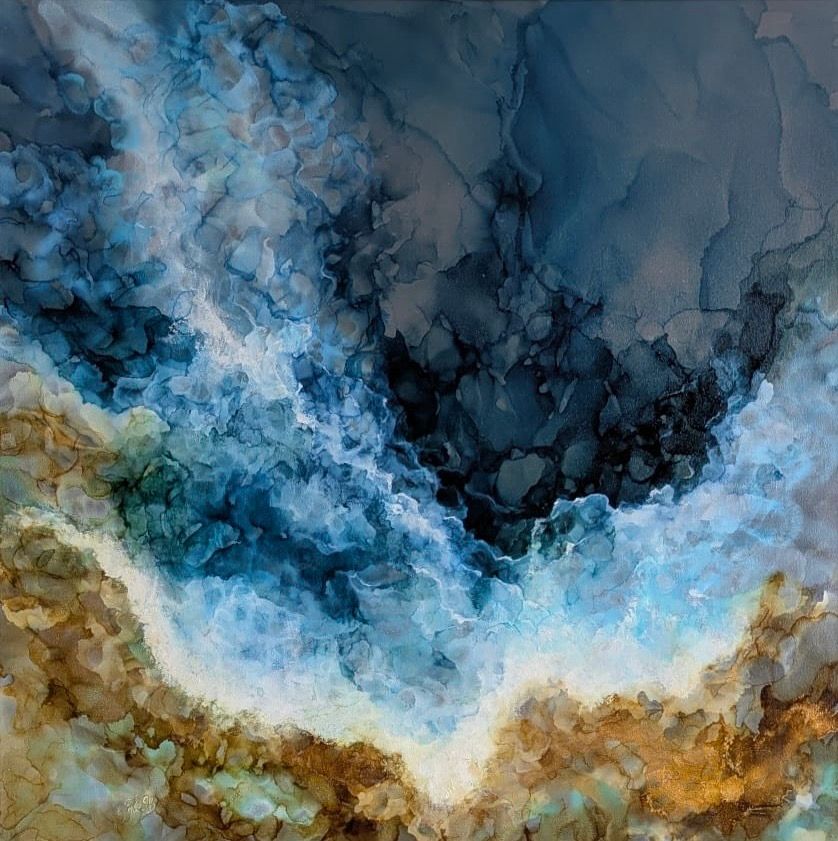 Abstract painting: swirling blues, browns, and golds evoke crashing waves and a shoreline.
