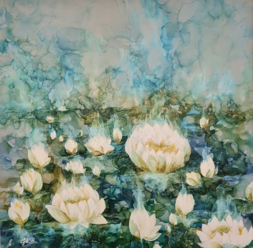 White water lilies float on a teal pond, beneath a cloudy blue sky.