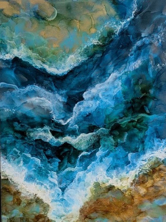 Abstract painting of swirling blue and teal waters with golden edges.