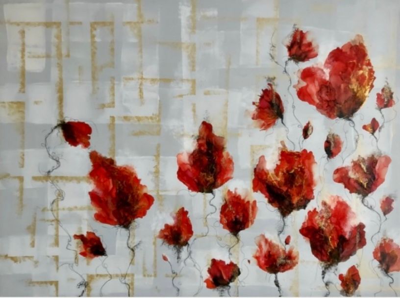 A painting of red flowers on a grey background