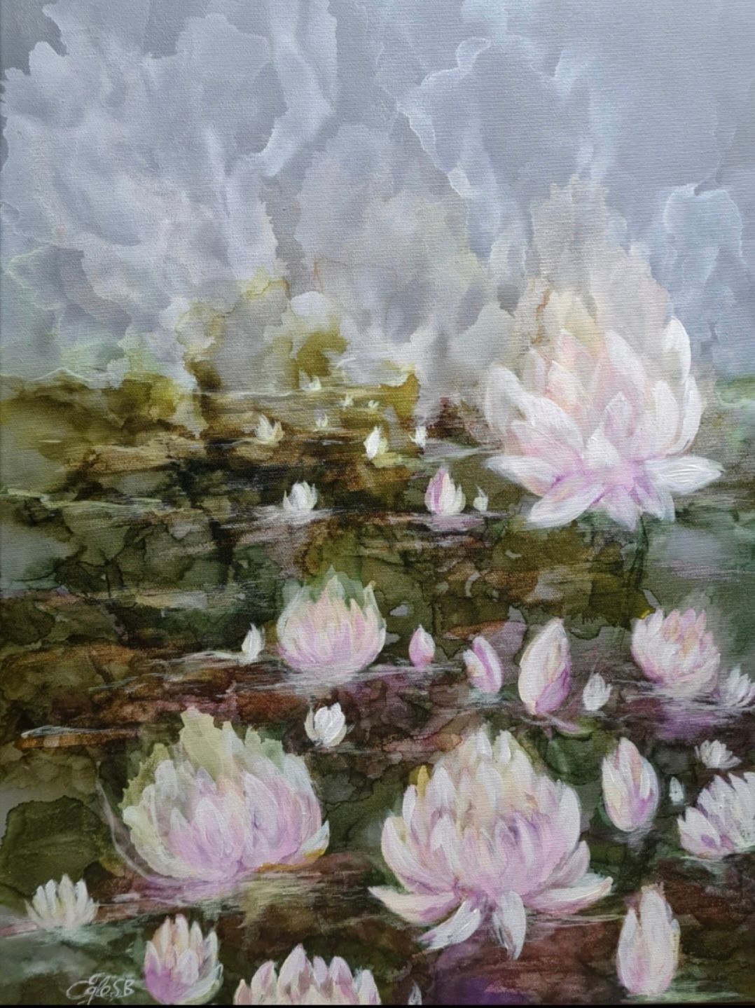 Pale pink water lilies float on a murky pond, beneath a cloudy sky.