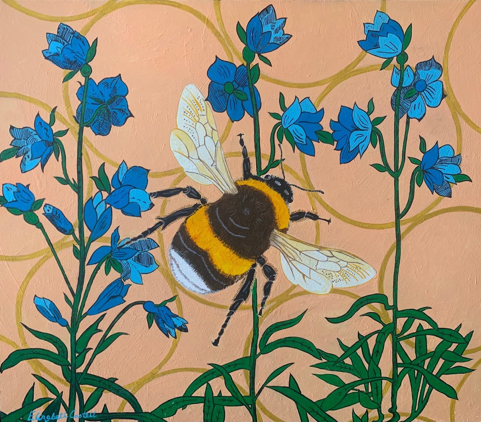a painting of a bee surrounded by blue flowers