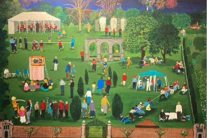a painting of people gathered in a park with fireworks in the background