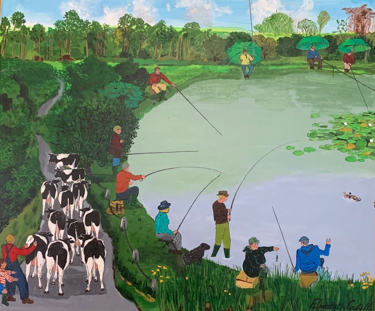 a painting of a group of people fishing in a lake