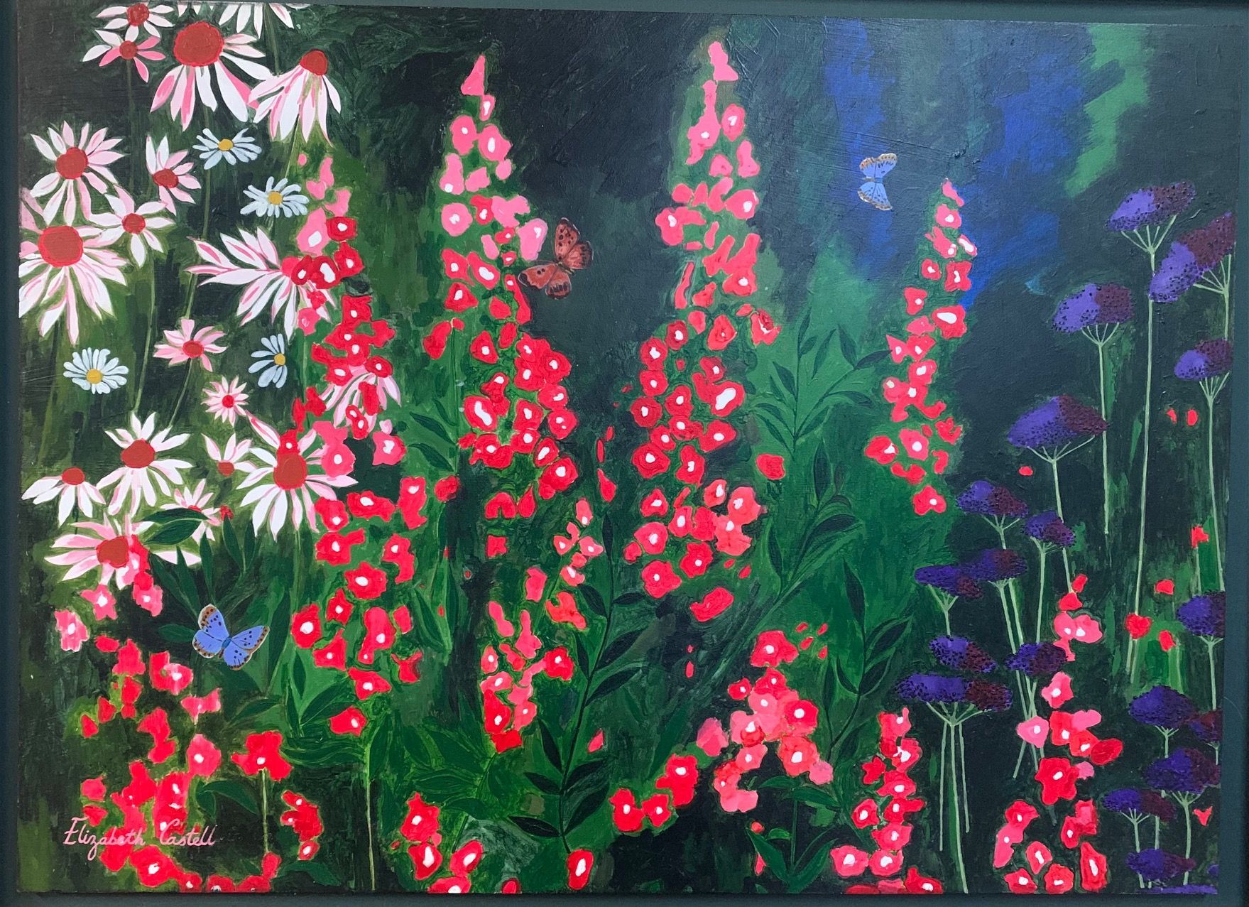 a painting of flowers and butterflies