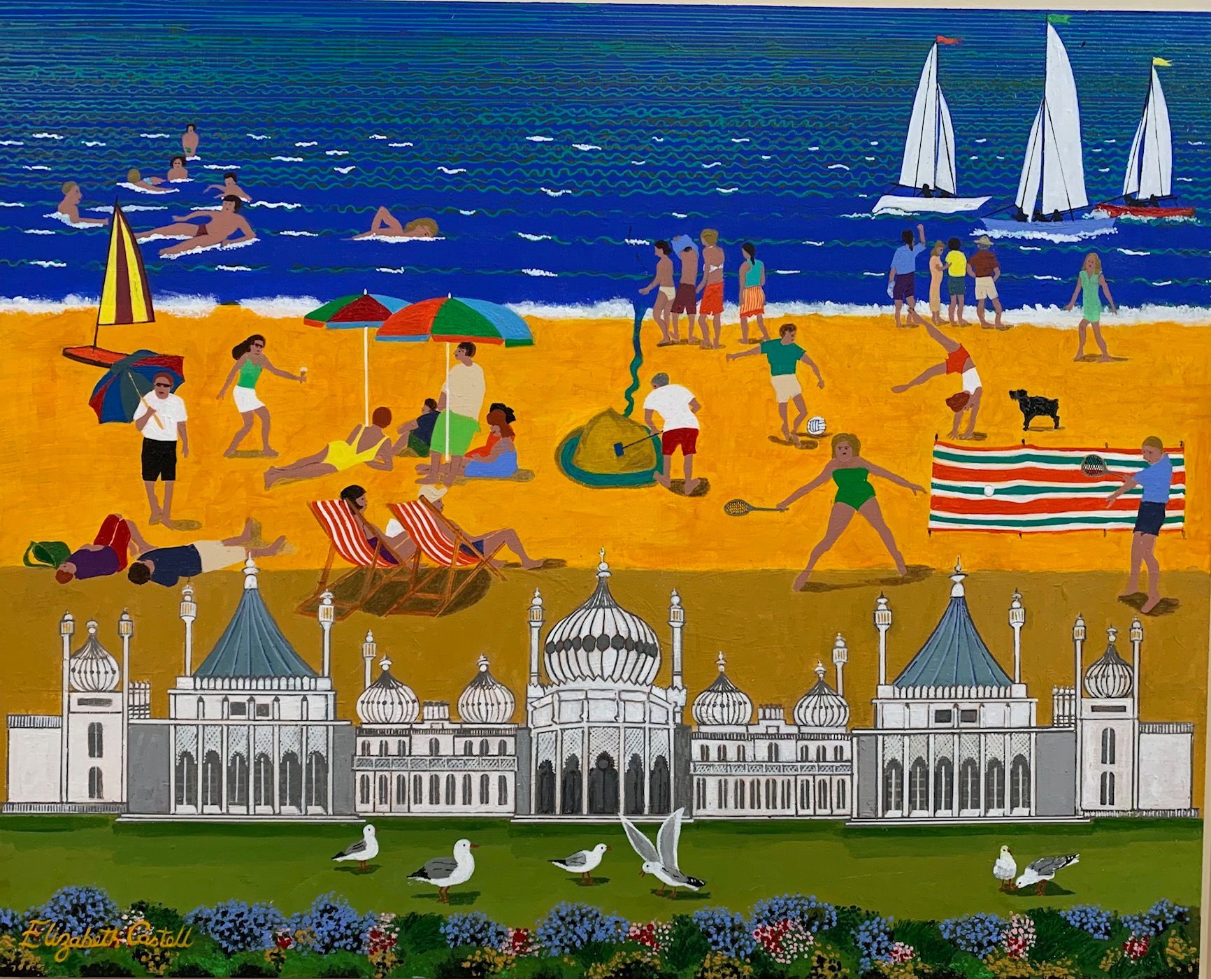 Brighton beach scene with people relaxing, playing, and sailing. The Royal Pavilion sits below the beach, with seagulls in the foreground.