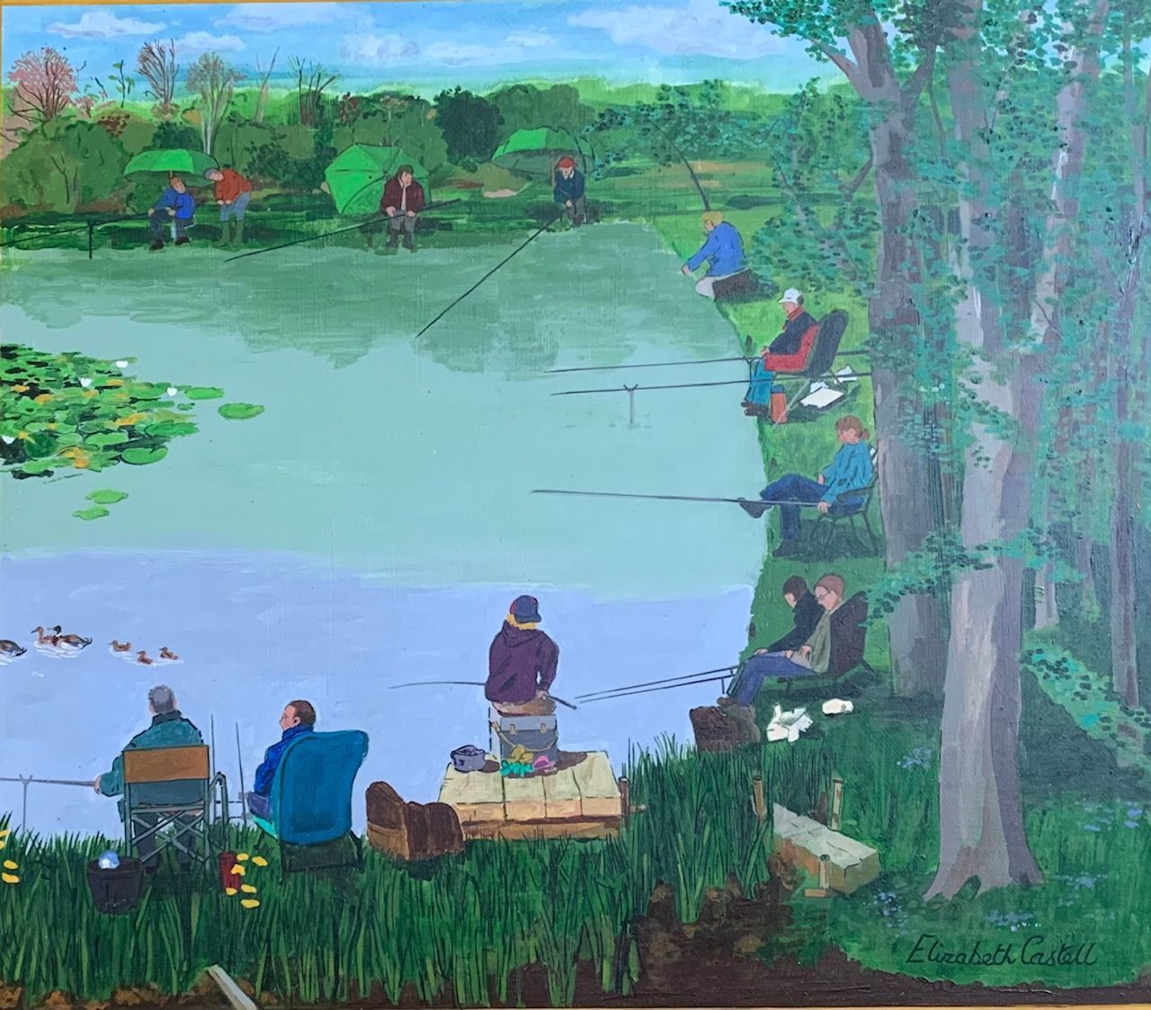 a painting of people fishing on a lake by elizabeth castell