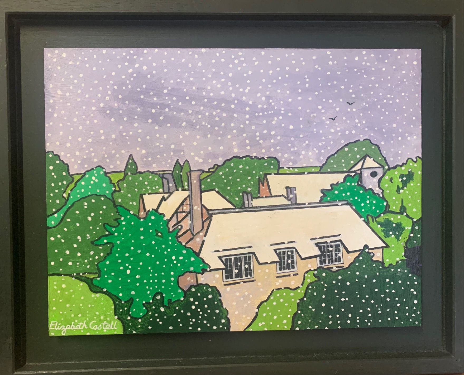 a framed painting of a house and trees, it's snowing
