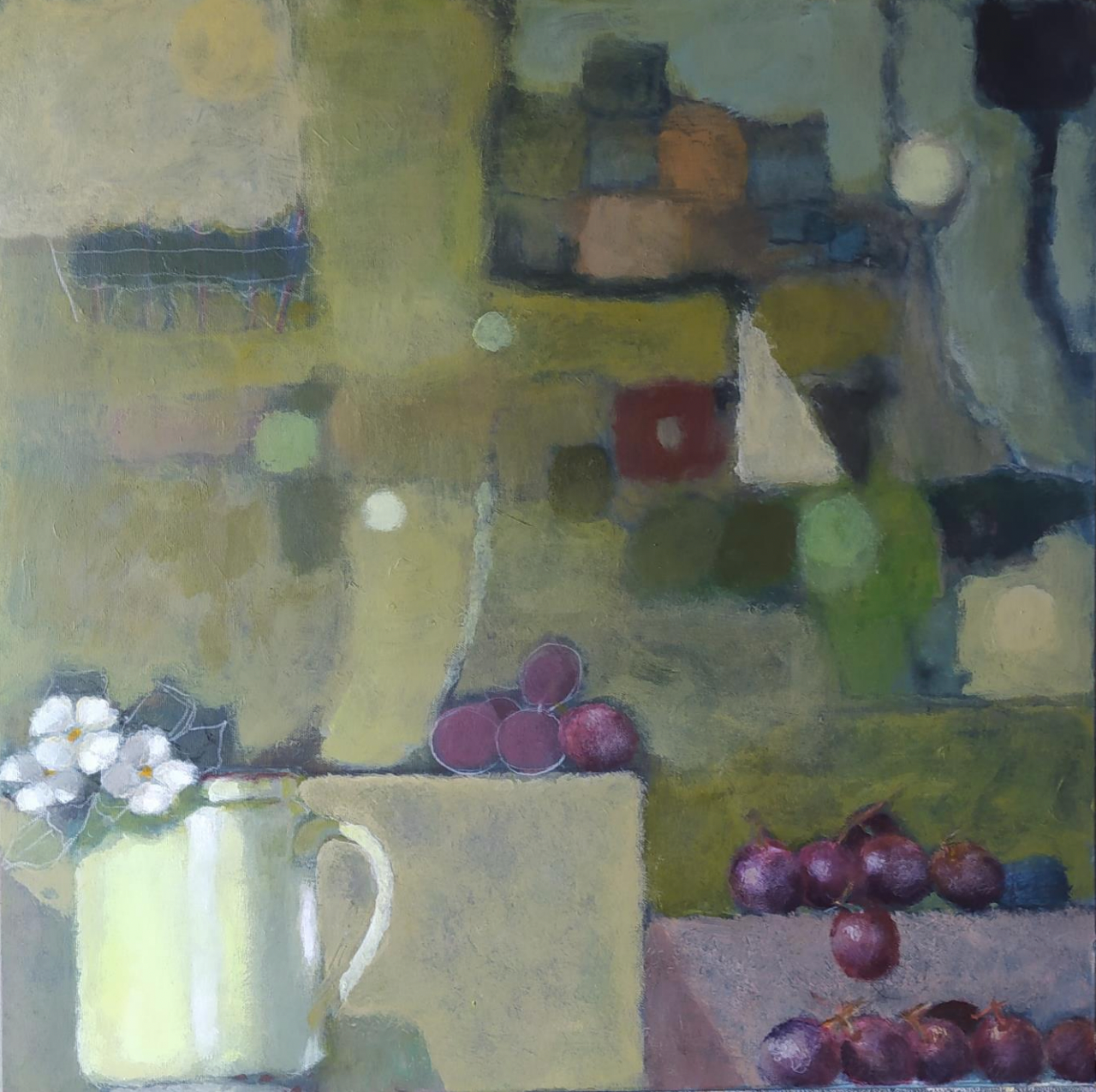 Abstract still life with a green pitcher of white flowers and a cluster of red plums, rendered in muted greens, tans, and blues.