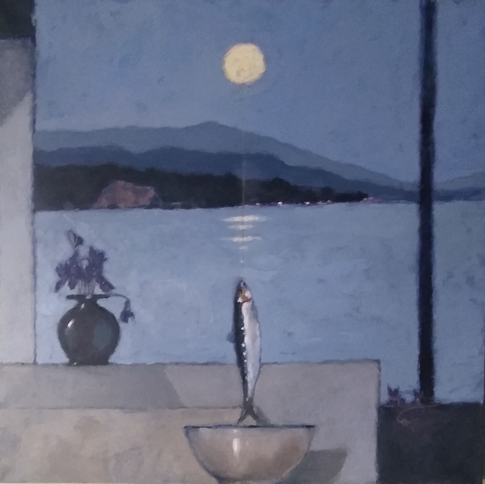 A still life with a fish over a bowl, flowers, and a moonlit seascape in muted tones.