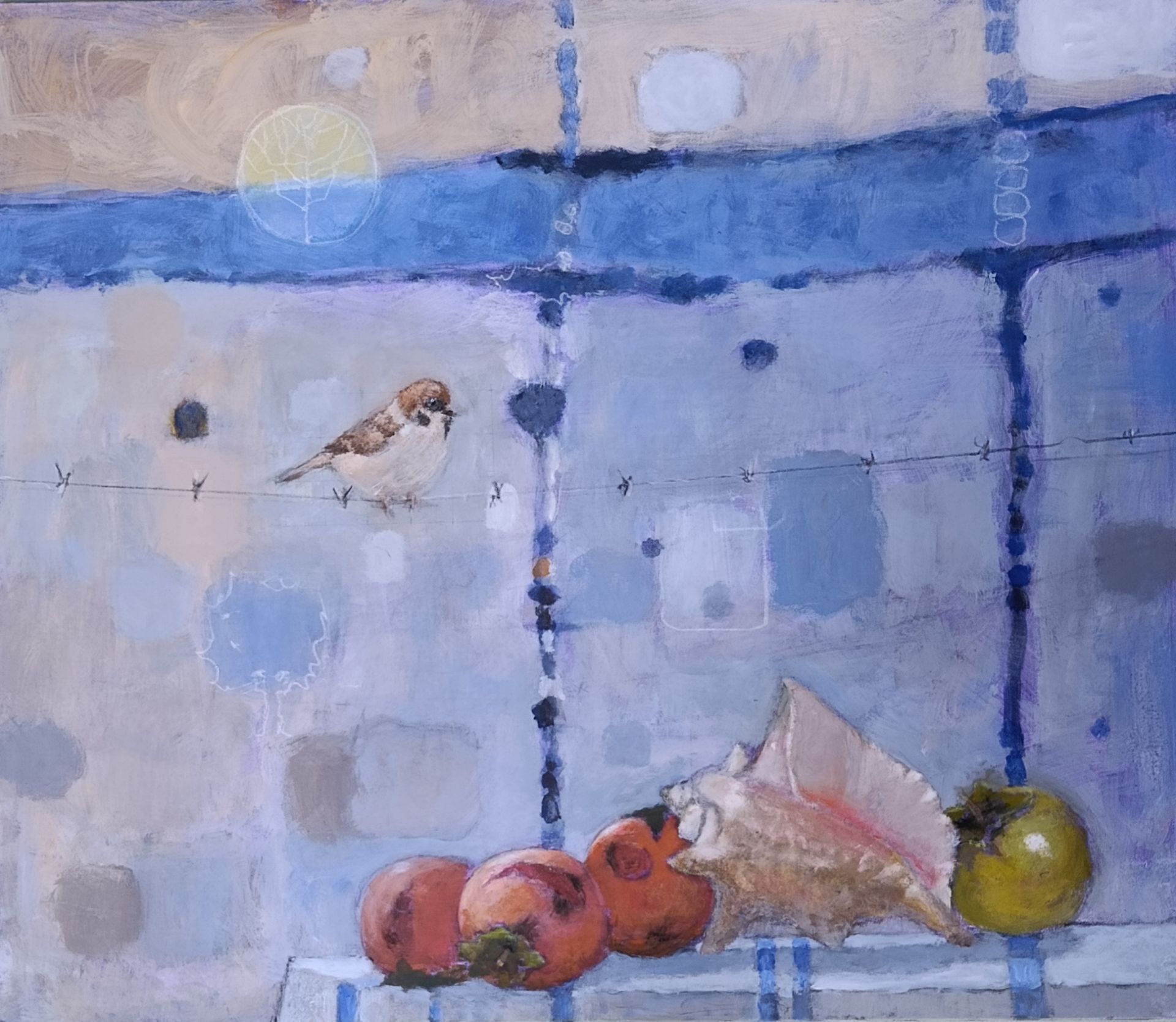Still life with sparrow, fruit, and seashell on a checkered table. Soft blues and yellows, natural light.