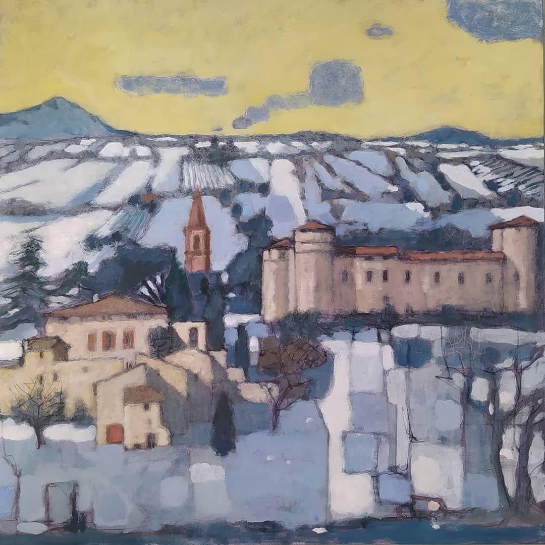 Abstract painting of a village with church tower, pale buildings, and snowy mountains under a yellow sky.