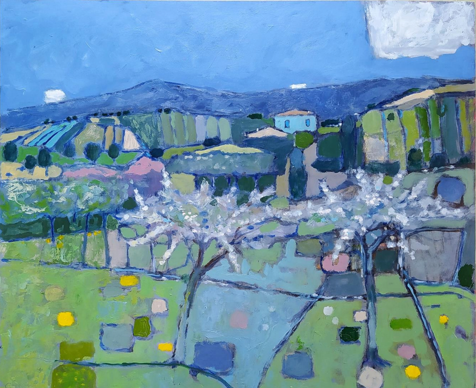 Oil painting of a rural landscape with flowering trees, fields, houses, and mountains under a blue sky.