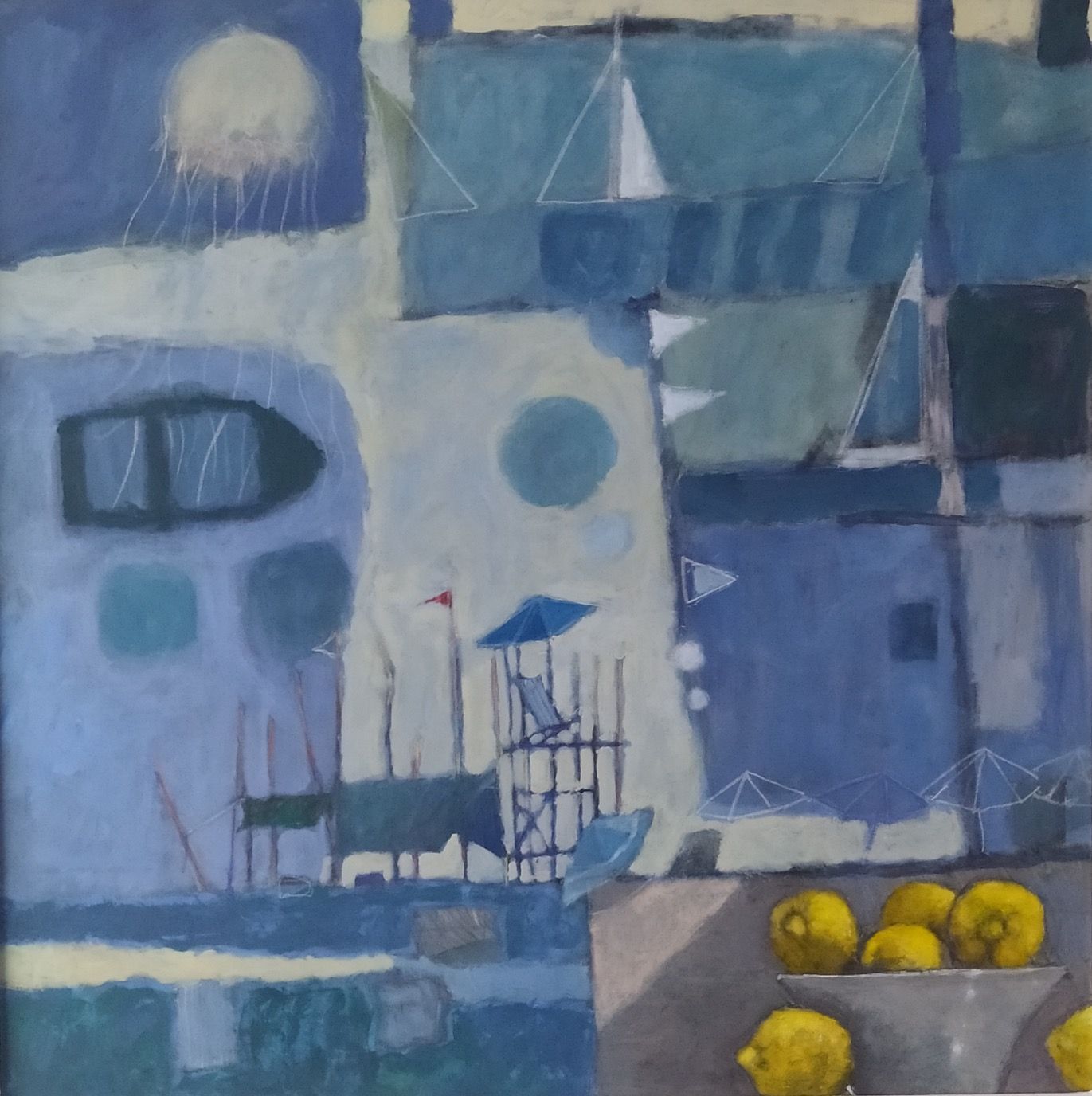 Abstract blue painting of a seaside scene with boats, sun, a lemon bowl, and a lifeguard stand.