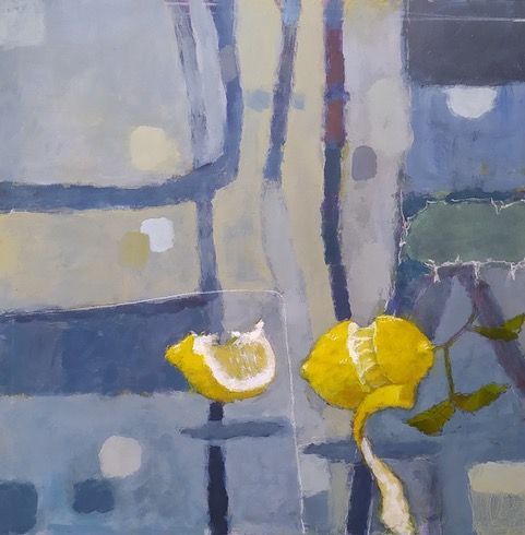 Still life of lemons and a glass, with blue and yellow tones.