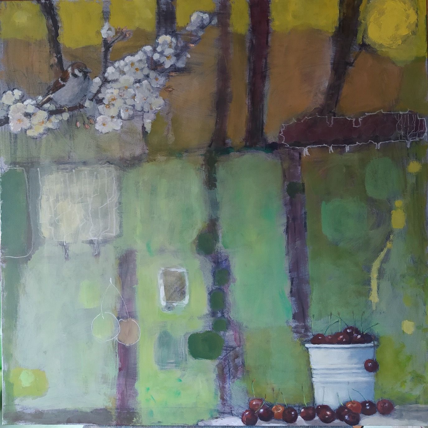 Flowering tree branches with two birds, above a green background, bucket of cherries on the right.