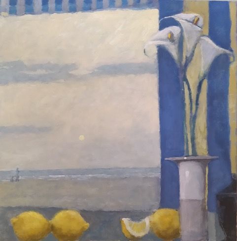 Calla lilies in vase, lemons, beach view. Blue and yellow hues.