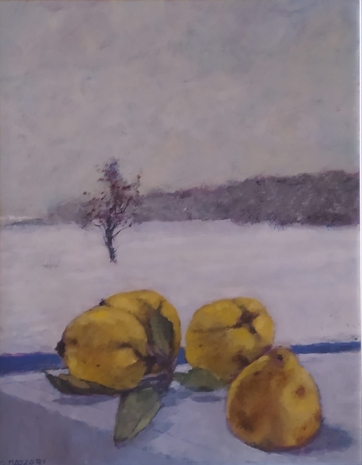 Yellow fruit on a blue surface, a snowy landscape with a bare tree and a mountain in the background.