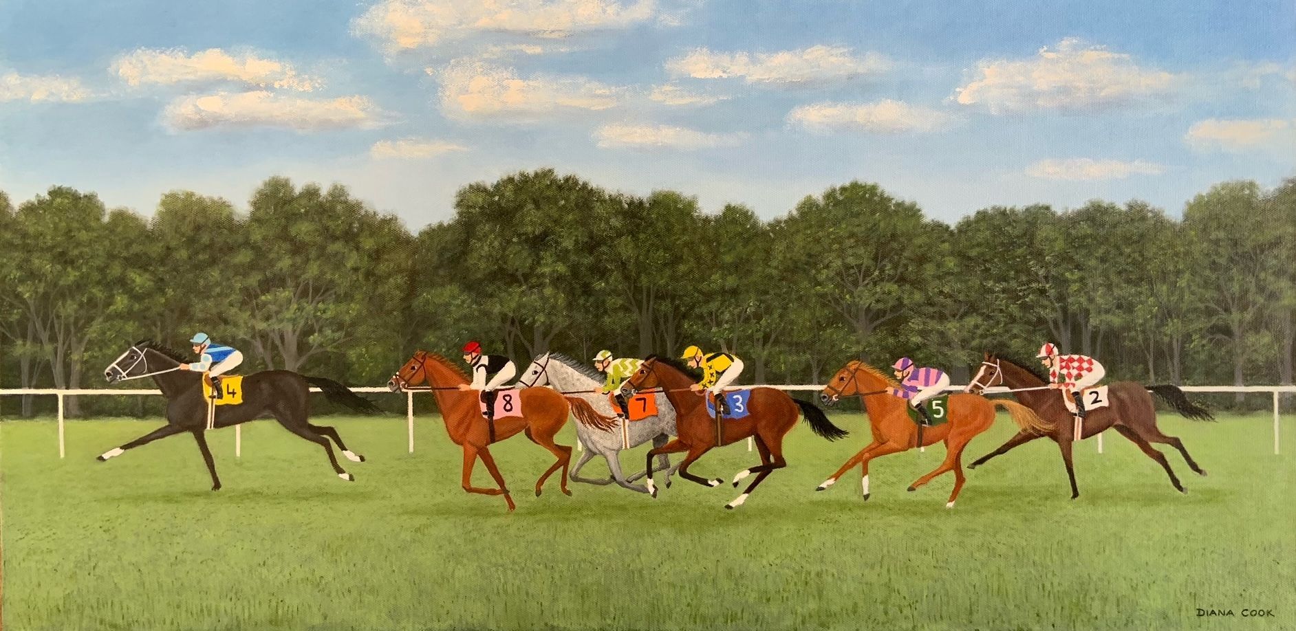 a painting of horses and jockeys by diana cook