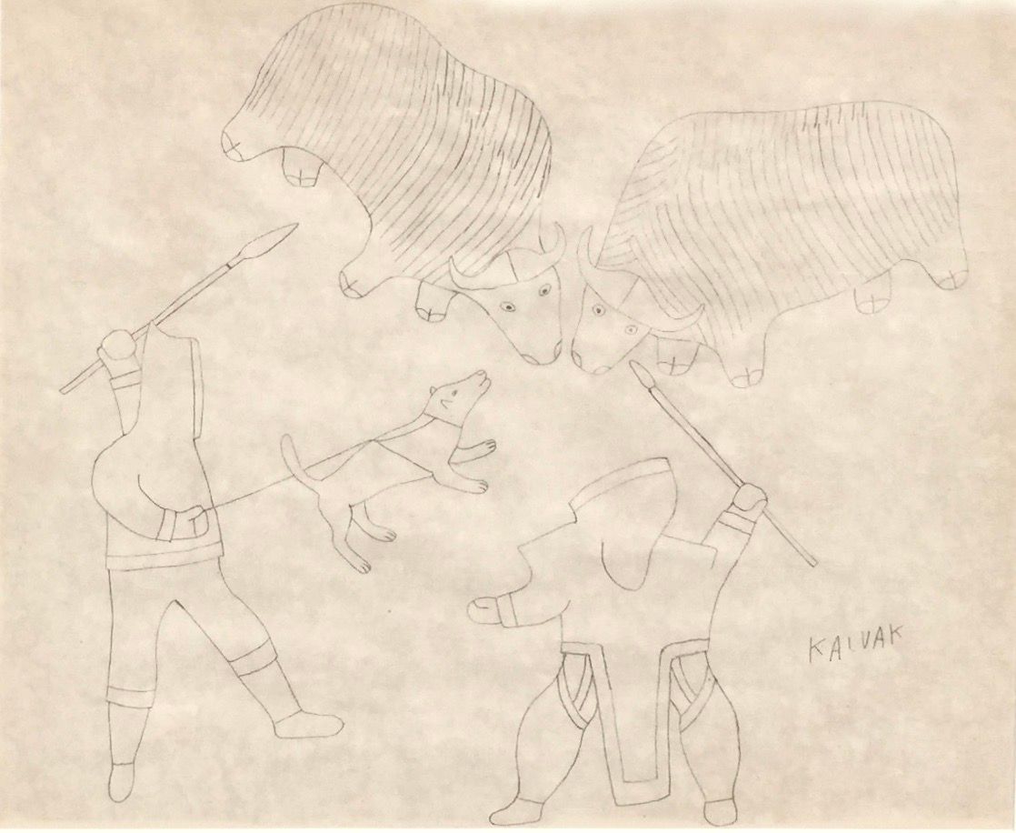 A pencil drawing of two men hunting