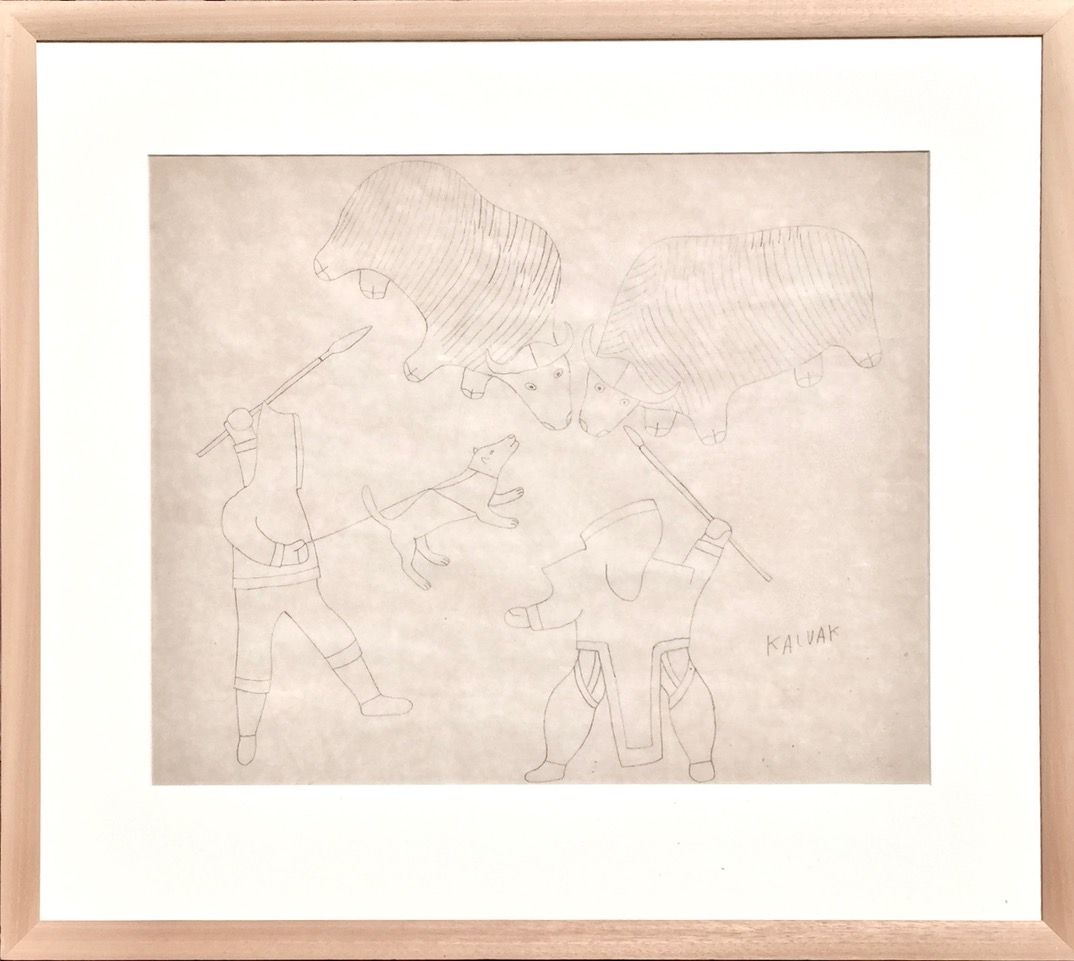 A pencil drawing of two men hunting