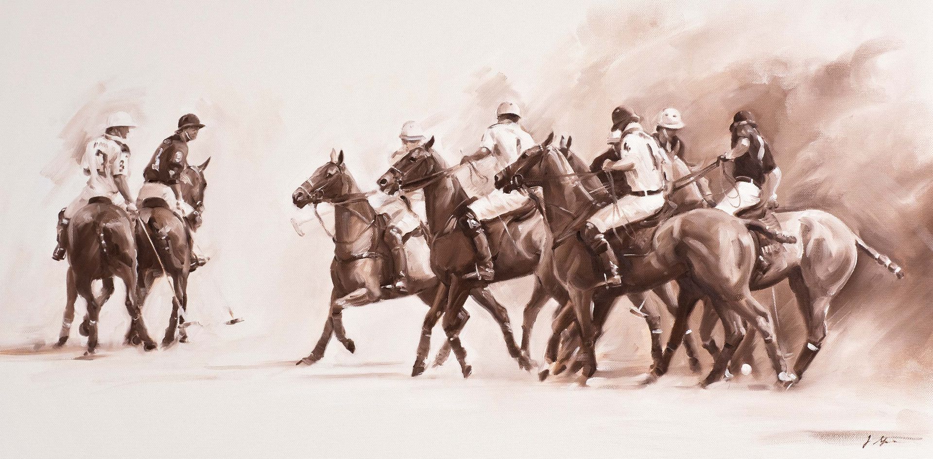 Sepia-toned riders on horseback charging across a dusty plain, with a rider on a fallen horse at left.