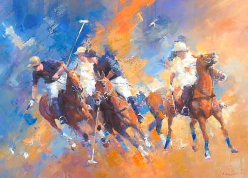 Three polo players on horseback galloping through a colorful blue, orange, and white abstract background